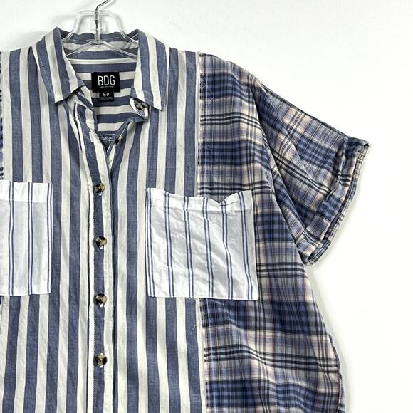 BDG Stevie Spliced Button Down Shirt Short Sleeve Relaxed Blue Womens Small - Picture 5 of 12